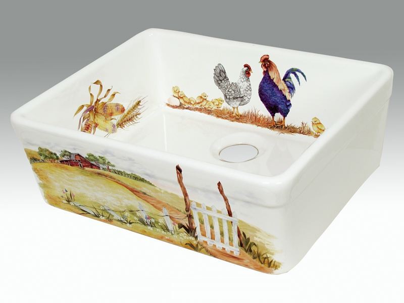Fireclay Kitchen Sink 26" x 18" with The Farm Design