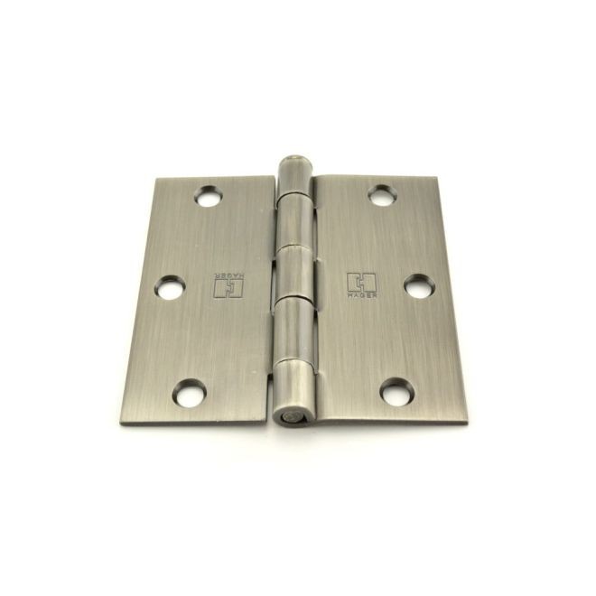 Hager 1741312ANEA 3-1/2" x 3-1/2" Steel Square Corner Full Mortise Plain Bearing Residential Hinge, # 030620 - Antique Nickel