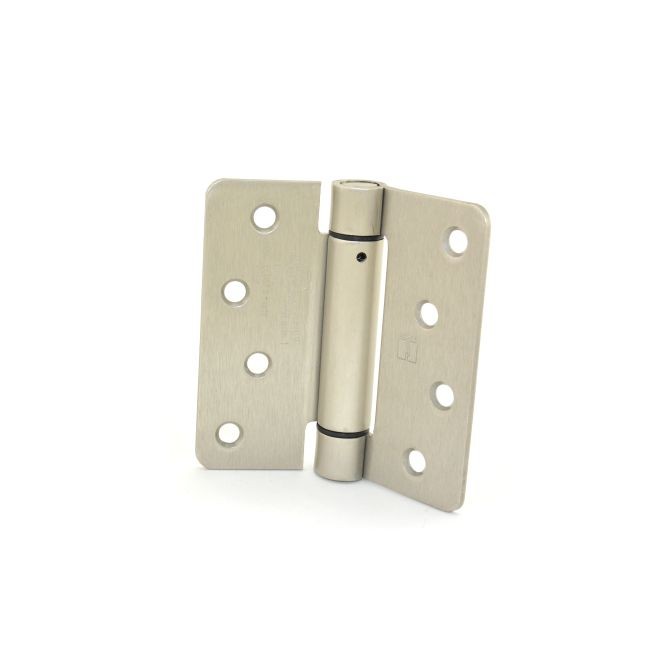 Hager 1751415EA 4" x 4" 1/4" Radius Corner Steel Full Mortise Residential Spring Hinge, # 118651 - Satin Nickel