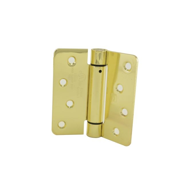 Hager 175143 4" x 4" 1/4" Radius Corner Steel Full Mortise Residential Spring Hinge, # 118658 - Bright Brass