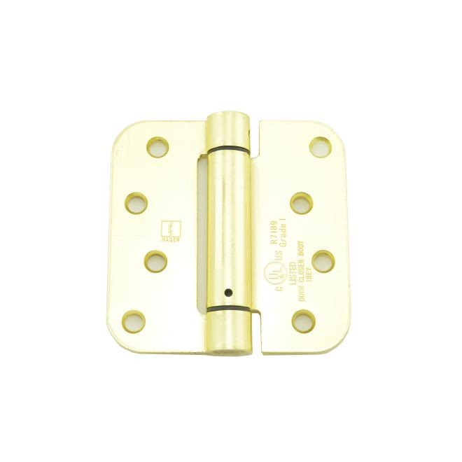 Hager 175244EA 4" x 4" 5/8" Radius Corner Steel Full Mortise Residential Spring Hinge, # 118748 - Satin Brass