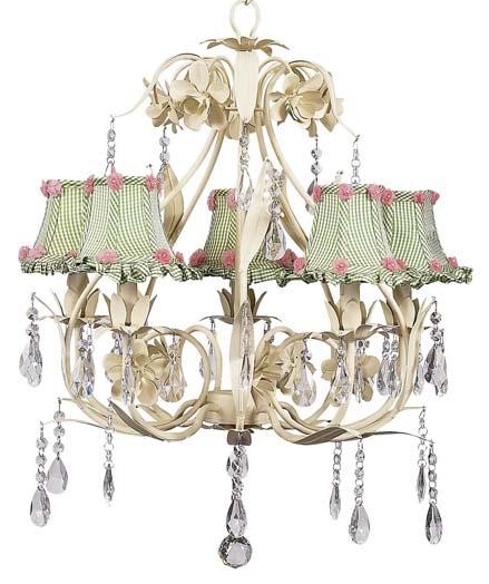 Jubilee Ballroom 5-Arm Ivory Chandelier with Green Checked Ruffled Shades
